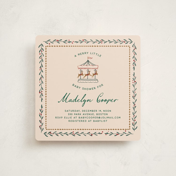 "Winter Deer Carousel" - Baby Shower Invitations in Almond Milk by Leia Matt - Front