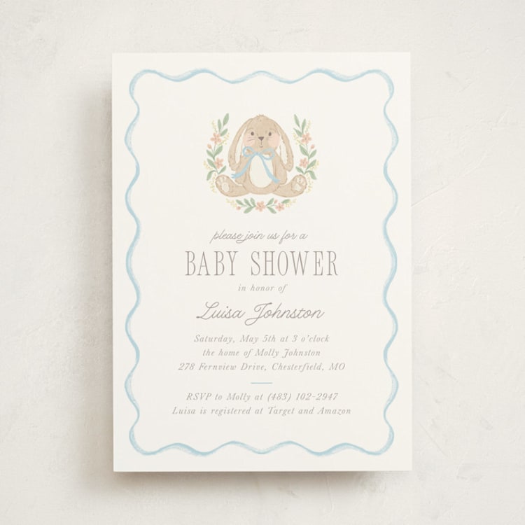 "Bunny Crest" - Baby Shower Invitations in Cornflower by Laura Hankins - Front