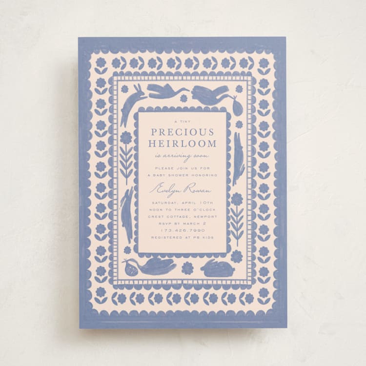 "Heirloom" - Baby Shower Invitations in Powder by Sierra Lee - Front