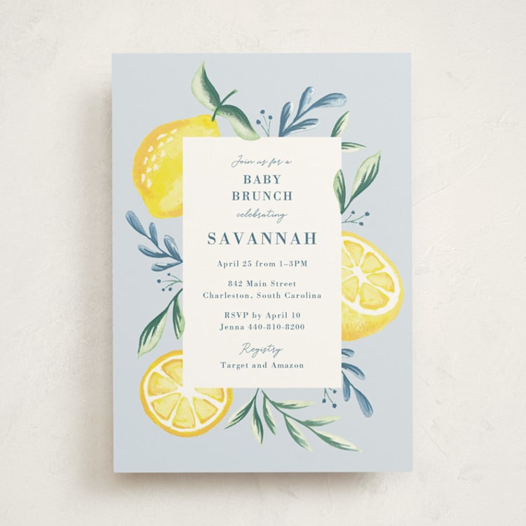 "Lemons" - Baby Shower Invitations in Pale Blue by Megan Cash - Front
