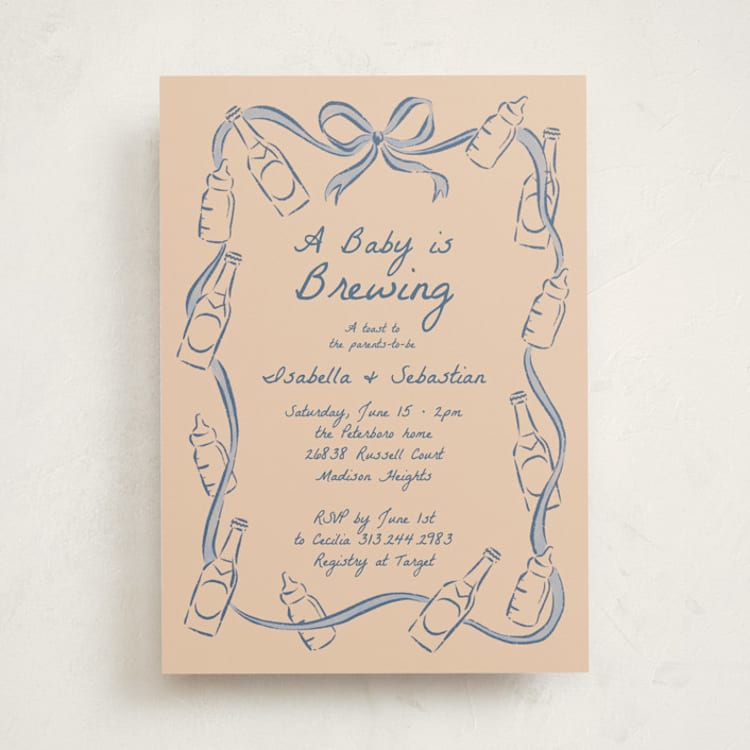 "Bottles and Brews" - Baby Shower Invitations in Periwinkle by Jamie Alexander - Front