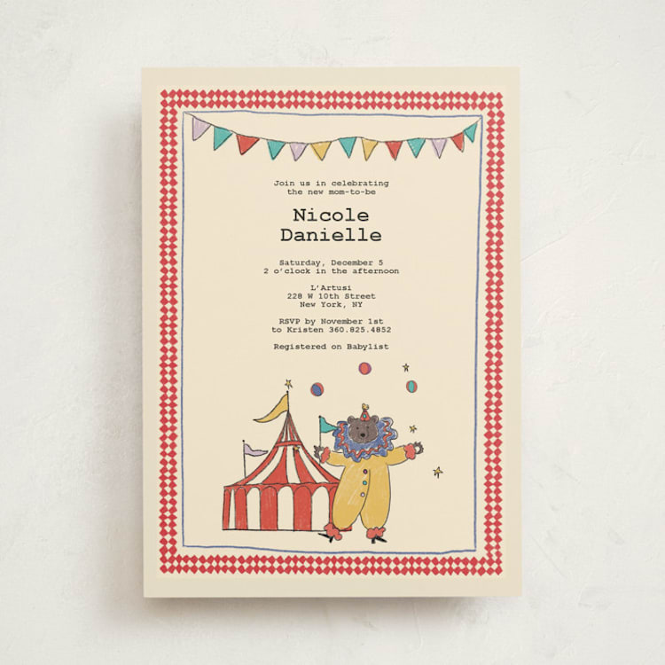 "Illustrated Circus Theme with Juggling Bear" - Baby Shower Invitations in Crimson by Noun New York - Front