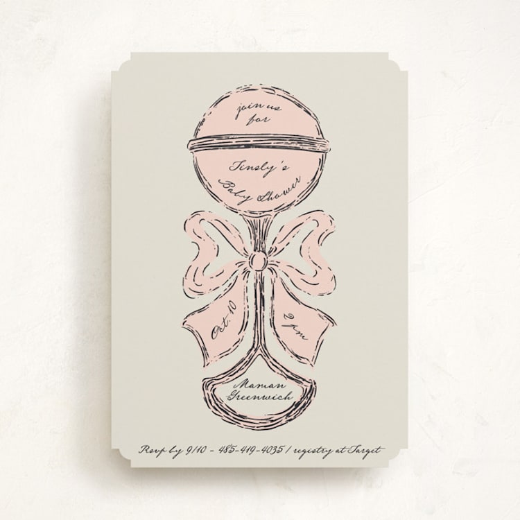 "Antique Rattle" - Baby Shower Invitations in Rose by Gwen Bedat - Front