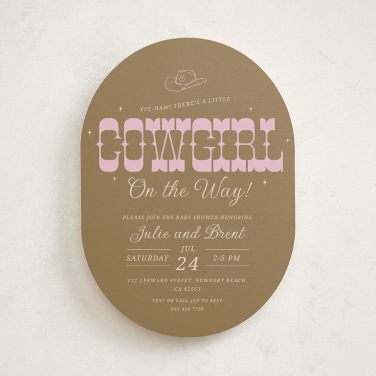 "Cowgirl on the Way!" - Baby Shower Invitations in Cocoa by Maggie Daugherty - Front