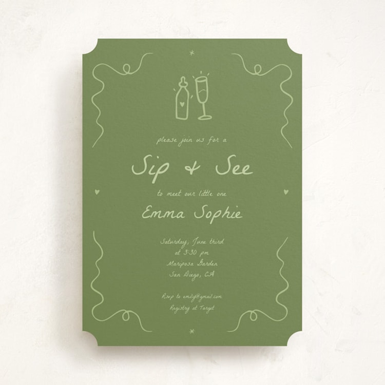 "Doodle Sip and See" - Baby Shower Invitations in Moss by Stephanie Heinrich Godbout - Front