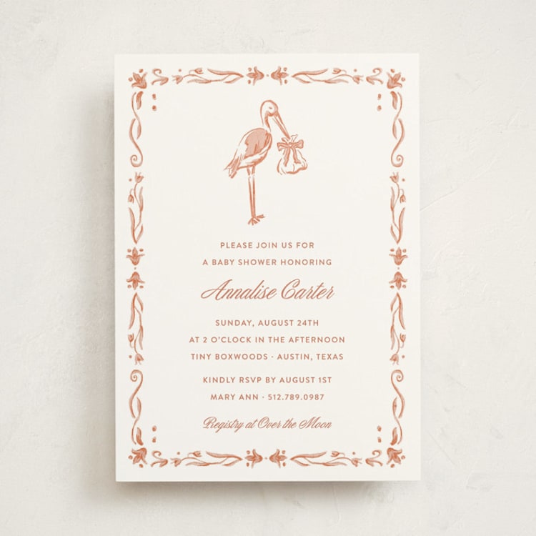 "Watercolor Stork Baby Shower Invitation" - Baby Shower Invitations in Blush by Kaylee Morgan - Front