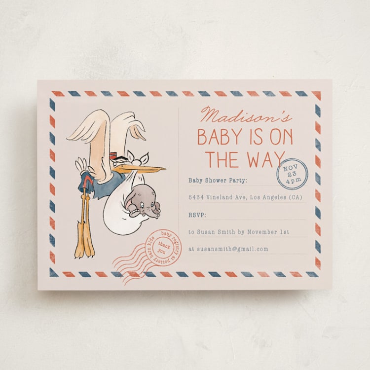 "Disney's Dumbo Stork Baby on the Way" - Baby Shower Invitations in Navy by Claudia Orengo - Front