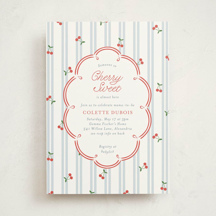 "Cherry Sweet Stripe" - Baby Shower Invitations in Sky by Leia Matt - Front