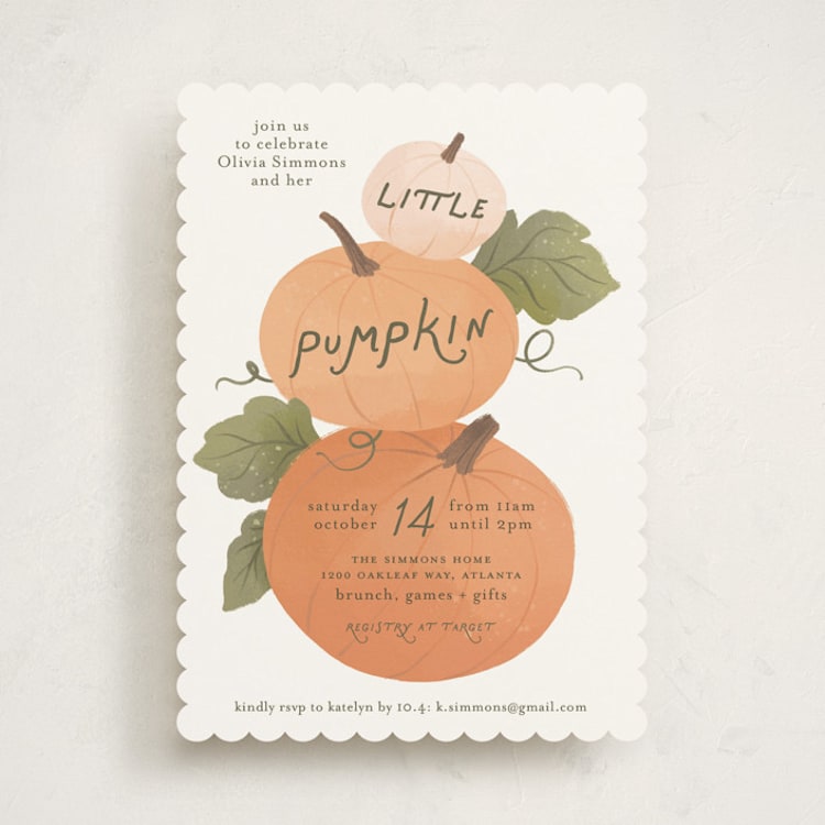 "Pumpkin Patch" - Baby Shower Invitations in Pumpkin by Paper Raven Co. - Front