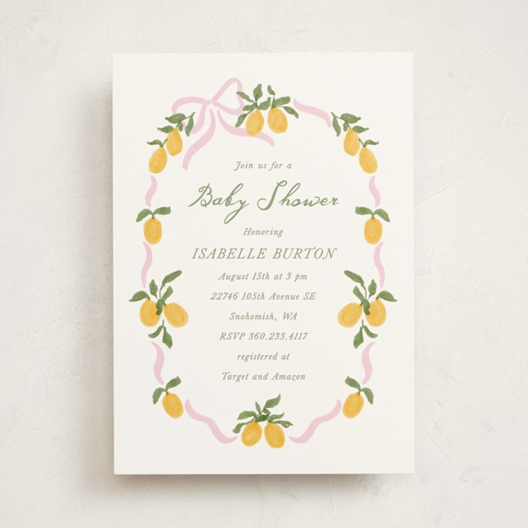 "Lemon and Ribbon" - Baby Shower Invitations in Pink Lemonade by Angela Garrick - Front