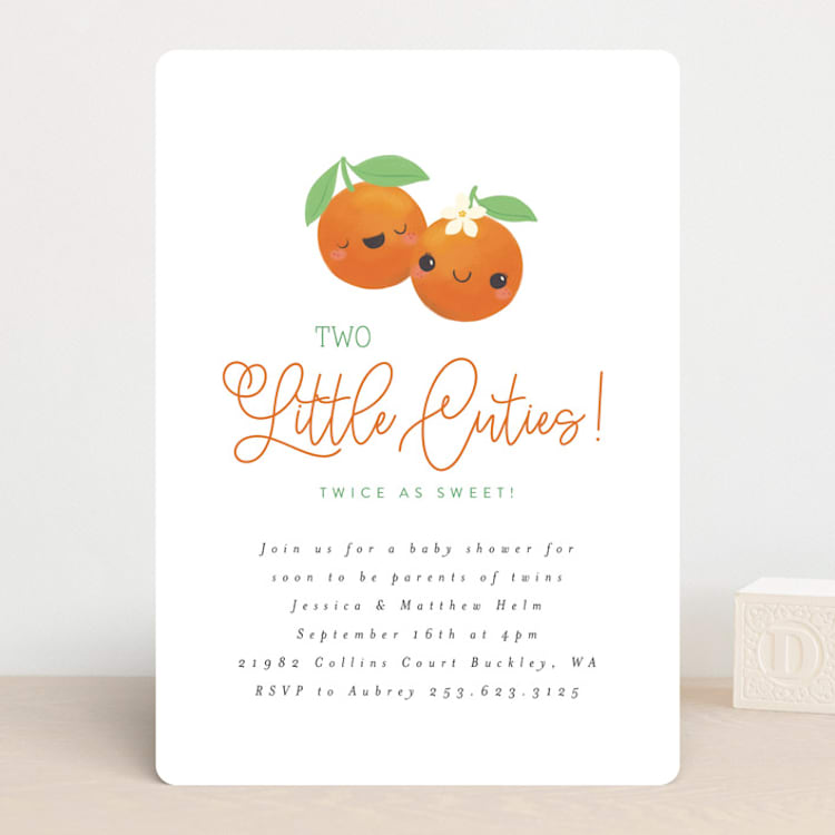 "Two Little Cute" - Baby Shower Invitations in Pumpkin by Itsy Belle Studio - Front