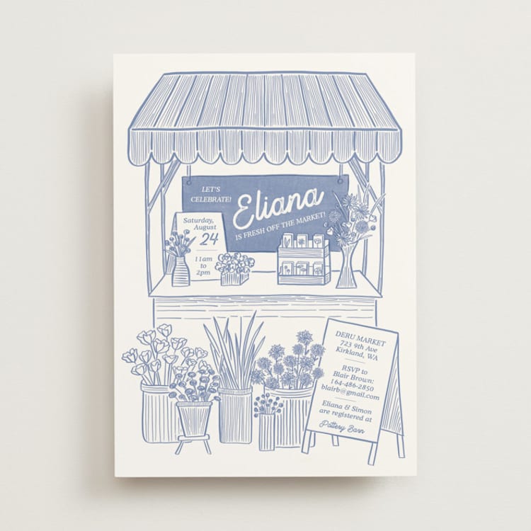 "Fresh Off the Market" - Bridal Shower Invitations in Bluebird by Carolyn Kach - Front