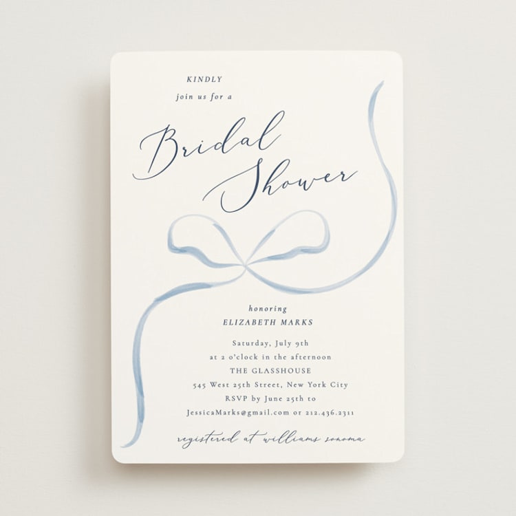 "Bow" - Bridal Shower Invitations in Dusty Blue by Corinne Malesic - Front