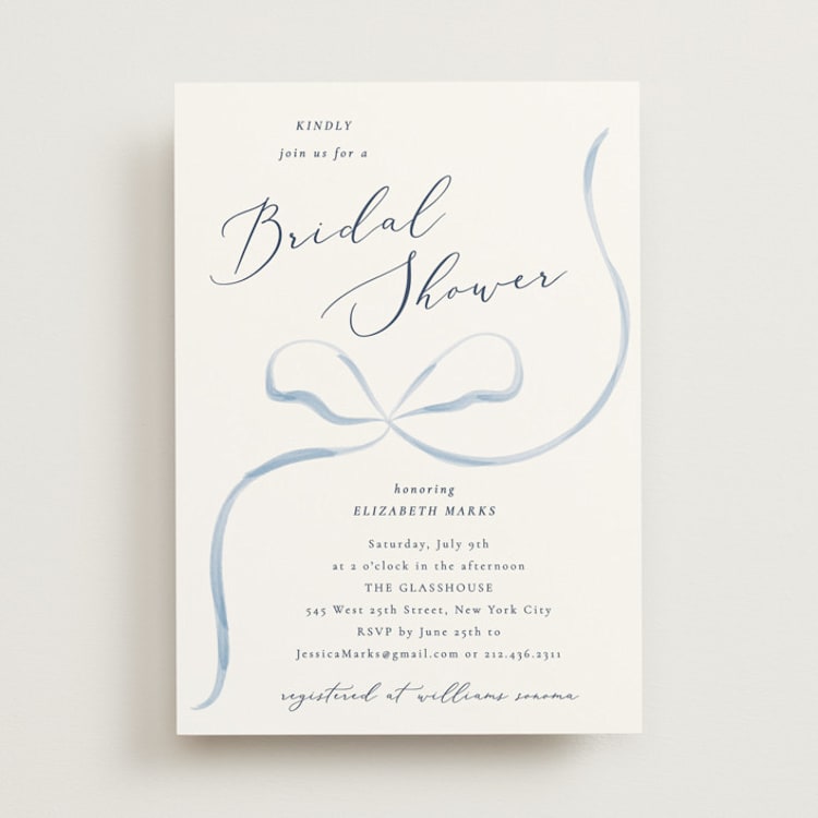 "Bow" - Bridal Shower Invitations in Dusty Blue by Corinne Malesic - Front