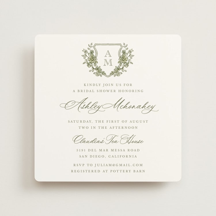 "watercolor flowers crest" - Bridal Shower Invitations in Moss by Cass Loh - Front