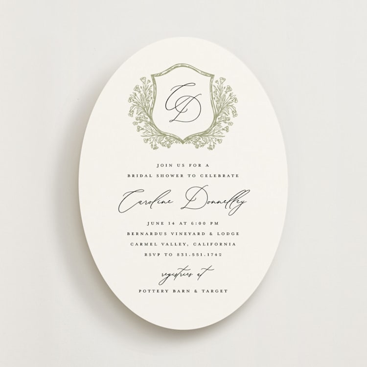 "Traditional Monogram" - Bridal Shower Invitations in Olive by Erin Deegan - Front