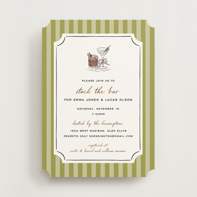 "Stock the Barware" - Bridal Shower Invitations in Olive by Erin German - Front