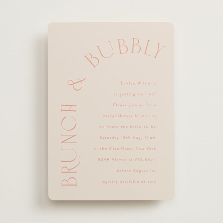 "Brunch & Bubbles" - Bridal Shower Invitations in Blush by Angela Thompson - Front