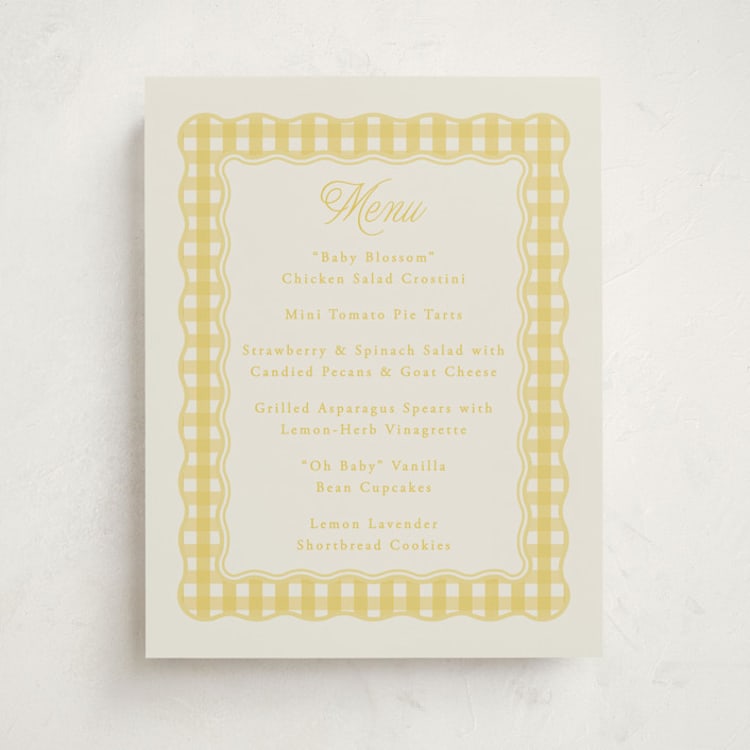 "Scalloped Gingham" - Baby Shower Menu Signs in Lemonade by Brianne Larsen - Front