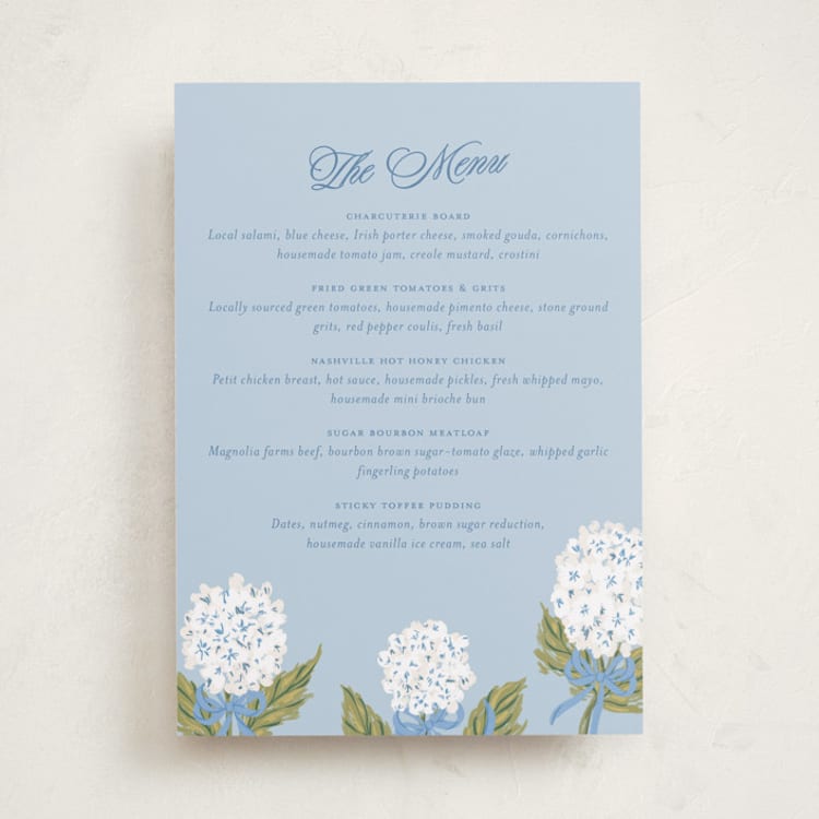 "Hydrangea bow bouquets" - Baby Shower Menu Signs in Bluebell by Jackie Crawford - Front
