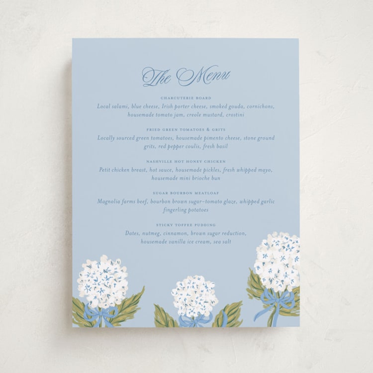 "Hydrangea bow bouquets" - Baby Shower Menu Signs in Bluebell by Jackie Crawford - Front