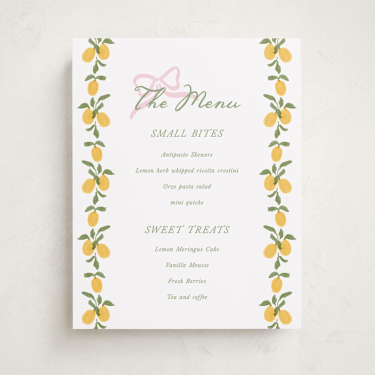 "Lemon and Ribbon" - Baby Shower Menu Signs in Pink Lemonade by Angela Garrick - Front