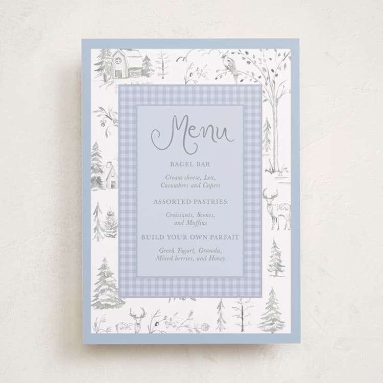 "Winter Toile" - Baby Shower Menu Signs in Lake by Teju Reval - Front