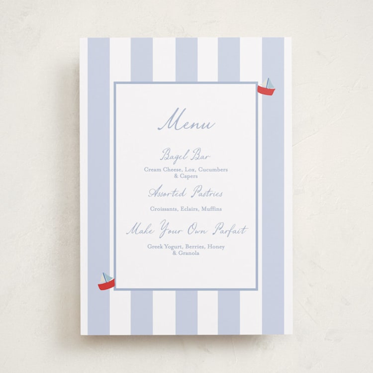 "Sail Boats Baby" - Baby Shower Menu Signs in Periwinkle by Angela Thompson - Front
