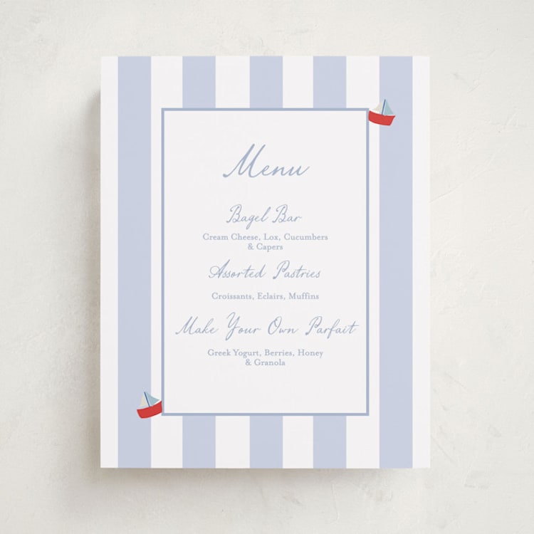 "Sail Boats Baby" - Baby Shower Menu Signs in Periwinkle by Angela Thompson - Front