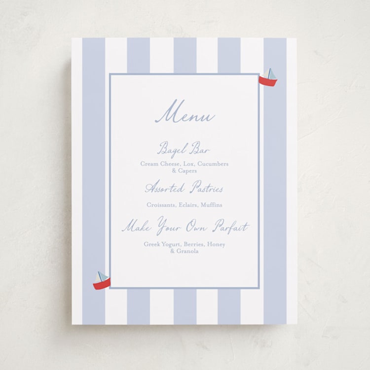"Sail Boats Baby" - Baby Shower Menu Signs in Periwinkle by Angela Thompson - Front