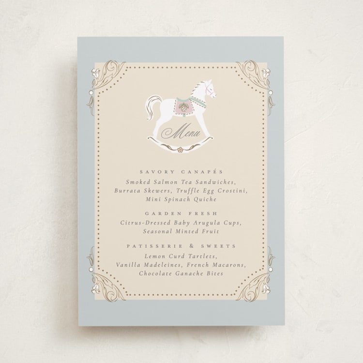 "Le Cheval d’Enfance" - Baby Shower Menu Signs in Pastel Toile by Ana de Sousa - Front