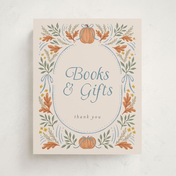 "Pumpkins + Bows" - Baby Shower Party Signs in Cornflower by Laura Hankins - Front