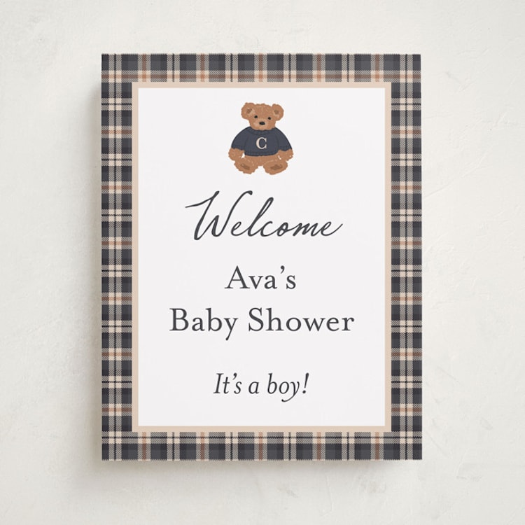"Teddy Bear Monogram" - Baby Shower Welcome Signs in Navy by Erin German - Front