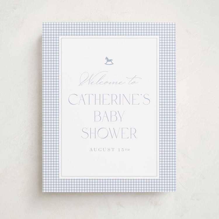 "Gingham Rockinghorse" - Baby Shower Welcome Signs in Baby Blue by Olivia Raufman - Front