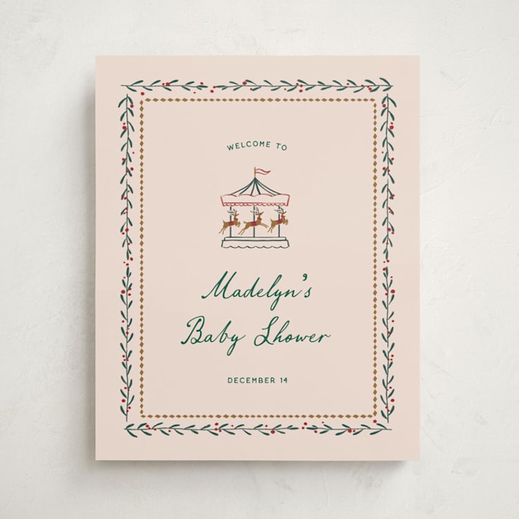 "Winter Deer Carousel" - Baby Shower Welcome Signs in Almond Milk by Leia Matt - Front