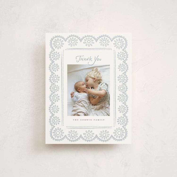 "Handdrawn Eyelet" - Flat Birth Announcement Thank You Cards in Cloud by Laura Hankins - Front