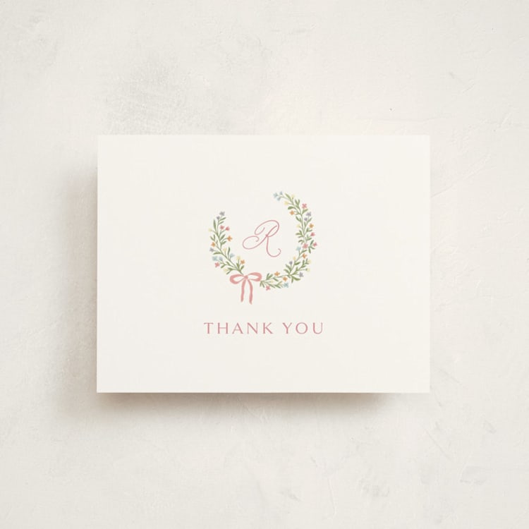"Sweet Monogrammed Wreath" - Flat Birth Announcement Thank You Cards in Watermelon by Katherine Moynagh - Front