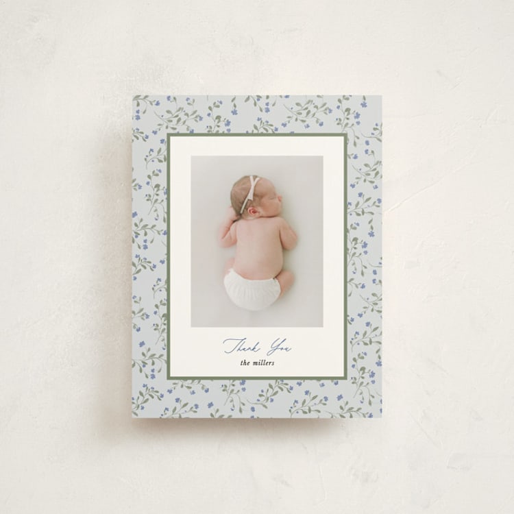 "Ditsy Floral Frame" - Flat Birth Announcement Thank You Cards in Powder by Kate Ahn - Front
