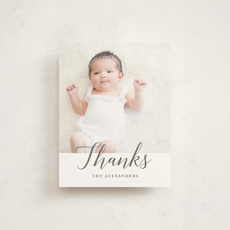 "Big Script" - Flat Birth Announcement Thank You Cards in Smoke by Genna Blackburn - Front