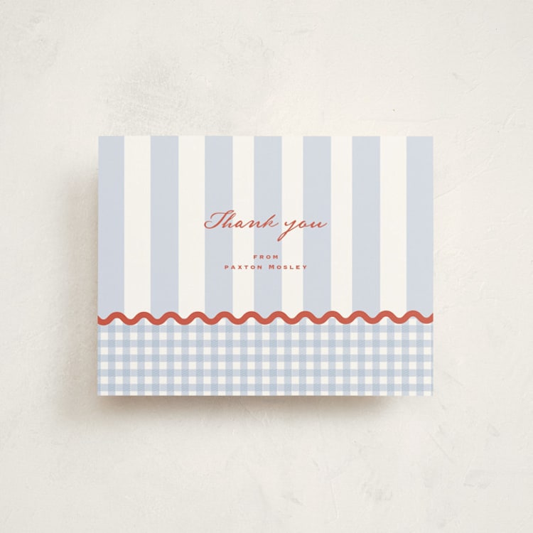 "RicRac Gingham" - Flat Birth Announcement Thank You Cards in Nautical by Corinne Malesic - Front