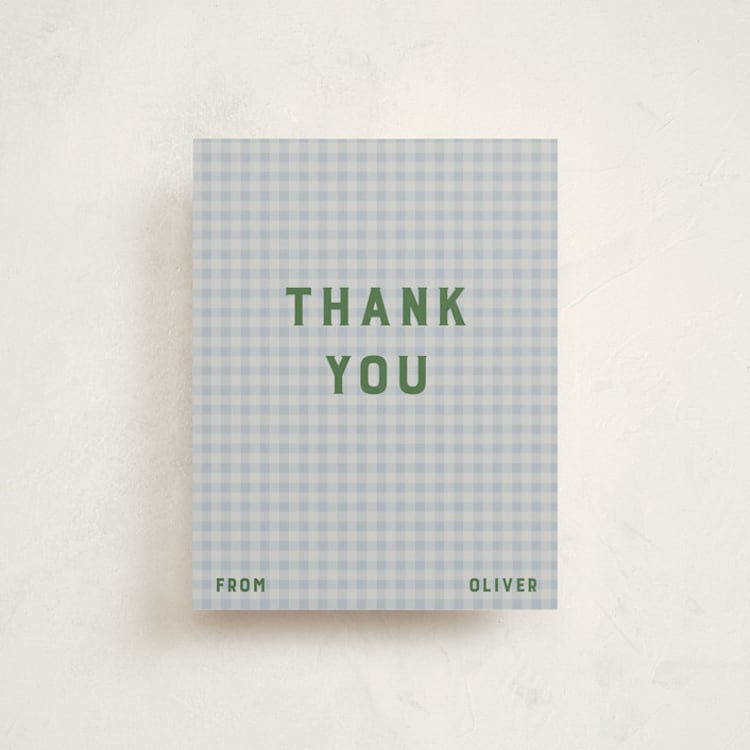 "Modern Gingham" - Flat Birth Announcement Thank You Cards in Sky by Studio Suku - Front
