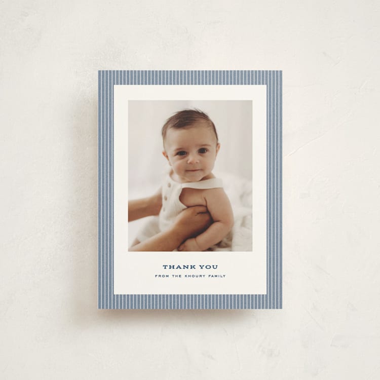 "Hickory stripe" - Flat Birth Announcement Thank You Cards in Denim by Lea Delaveris - Front