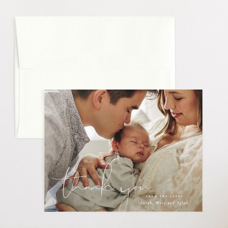 "Delicate" - Flat Birth Announcement Thank You Cards in Powder by Sara Hicks Malone - Front