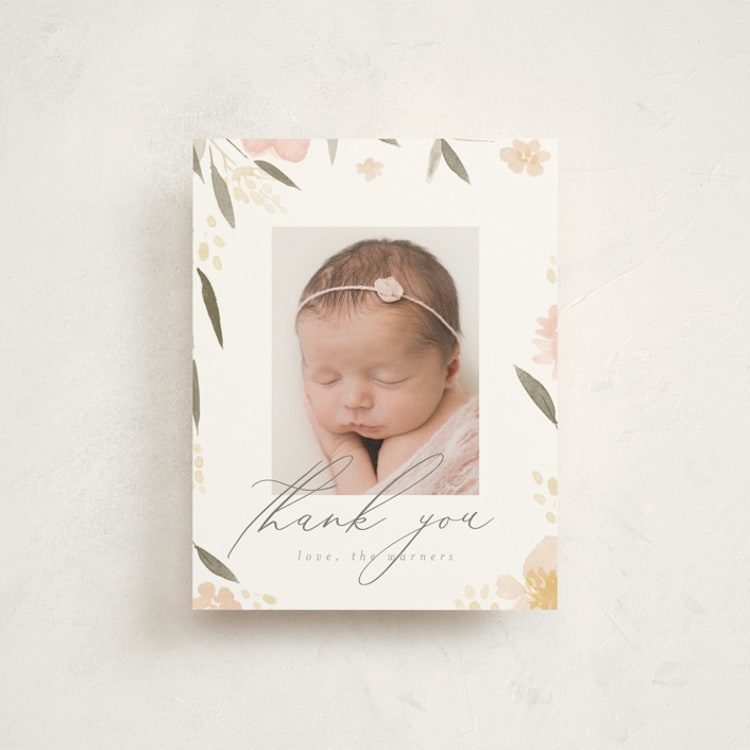 "Fresh Florals" - Flat Birth Announcement Thank You Cards in Blush by Robert and Stella - Front