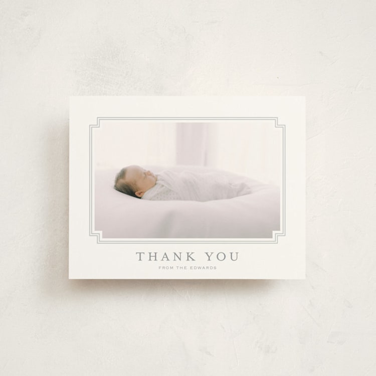 "First Step" - Flat Birth Announcement Thank You Cards in Fog by Carolyn MacLaren - Front