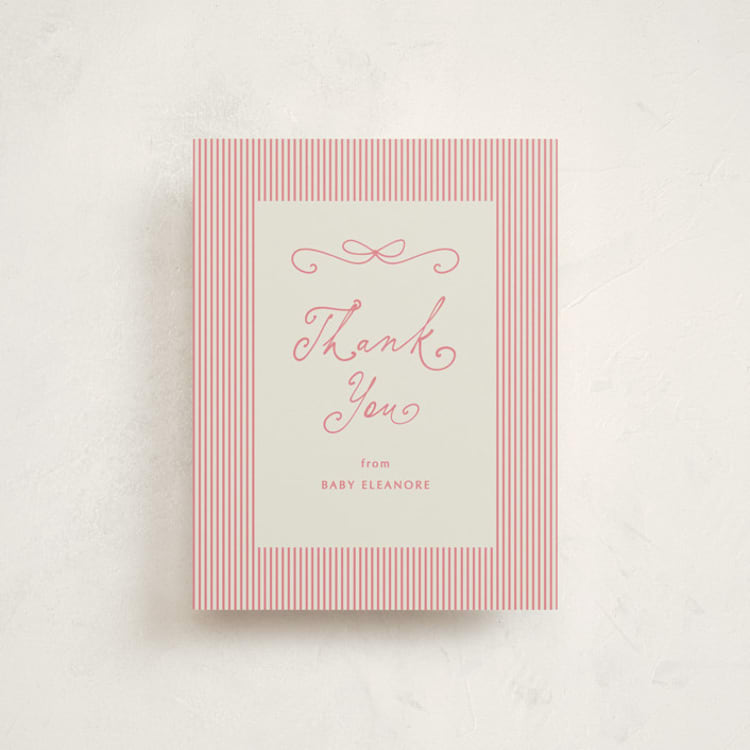 "Tiny Bow Script" - Flat Birth Announcement Thank You Cards in Flamingo by Jackie Crawford - Front