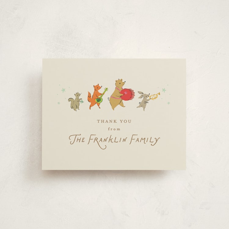 "Woodland Jamboree" - Flat Birth Announcement Thank You Cards in Sage by Jackie Crawford - Front