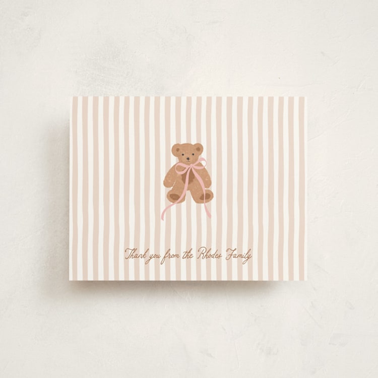 "Teddy Bear Stripes" - Flat Birth Announcement Thank You Cards in Pinky by Erin German - Front