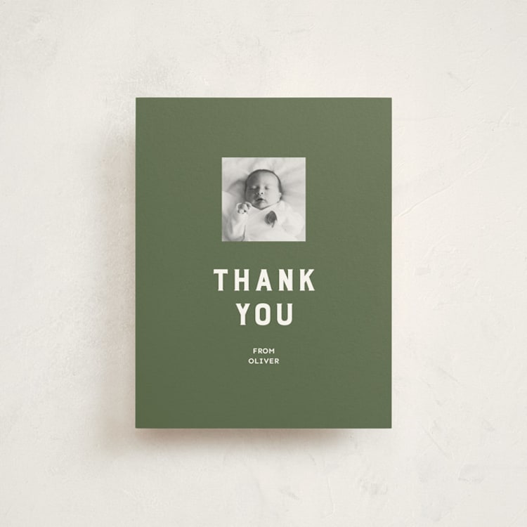 "Oliver" - Flat Birth Announcement Thank You Cards in Olive by Studio Suku - Front