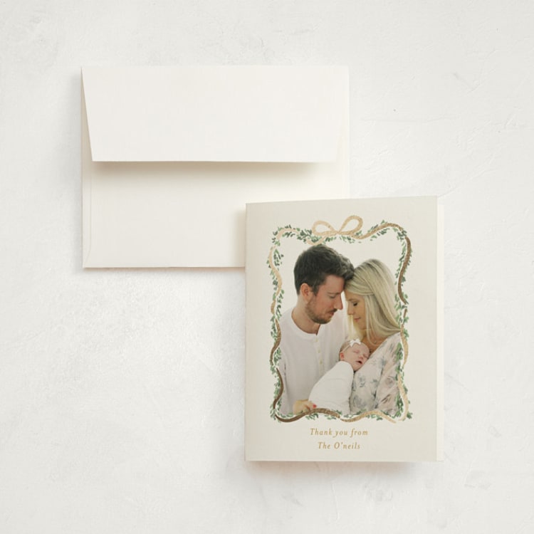 "Ribbonly Frame" - Foil-Pressed Birth Announcement Thank You Cards in Blush by Itsy Belle Studio - Front